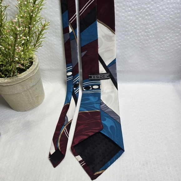 Ketch Mebs Tie Abstract Pattern Blue Black Crimson White - Picture 3 of 6